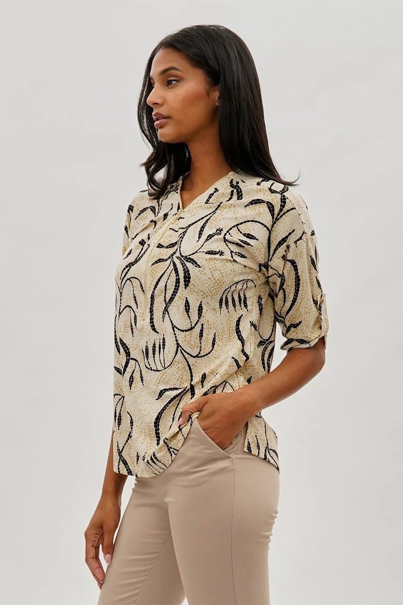 Patterned Half Zip Blouse - Beige - Image 2