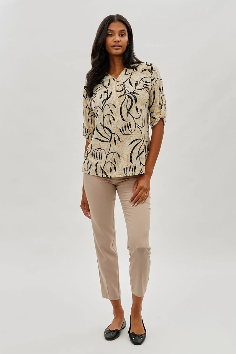 Patterned Half Zip Blouse - Beige - Image 5