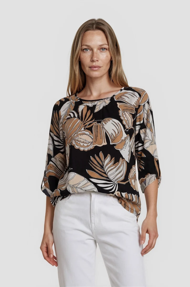 Printed Roll Up Sleeve Shirt - Brown