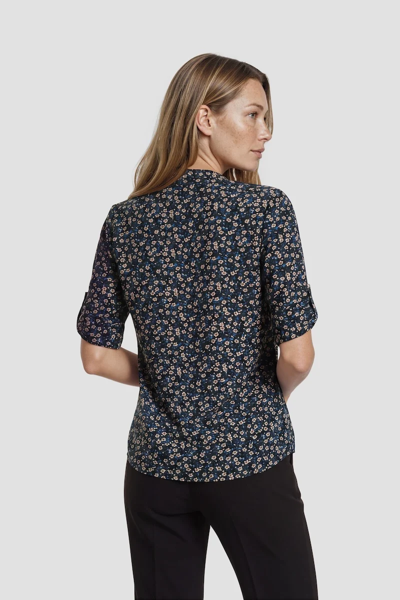 Flower Print Half Button Up Shirt - Navy - Image 2