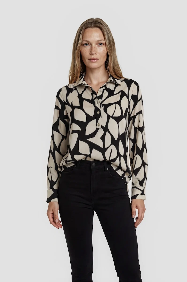 Printed Roll Up Sleeve Blouse - Beige