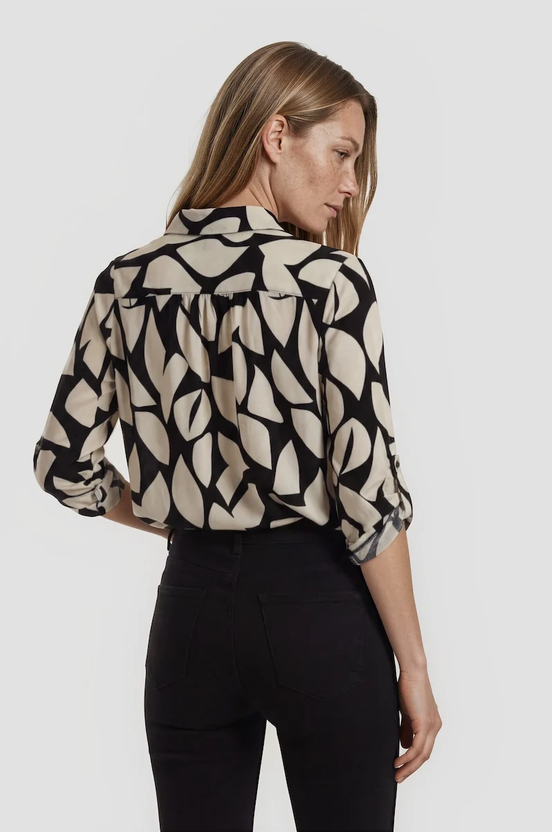Printed Roll Up Sleeve Blouse - Beige - Image 2