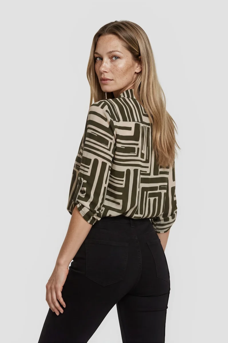 Printed Roll Up Sleeve Blouse - Olive - Image 2