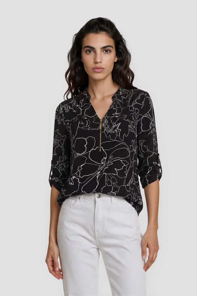 Half Zip Roll Up Sleeve Blouse - Black