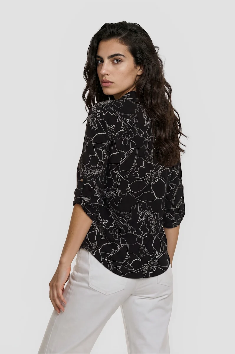 Half Zip Roll Up Sleeve Blouse - Black - Image 2