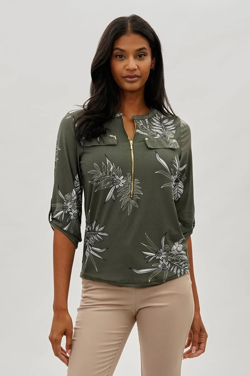 Floral Half Zip Blouse - Olive
