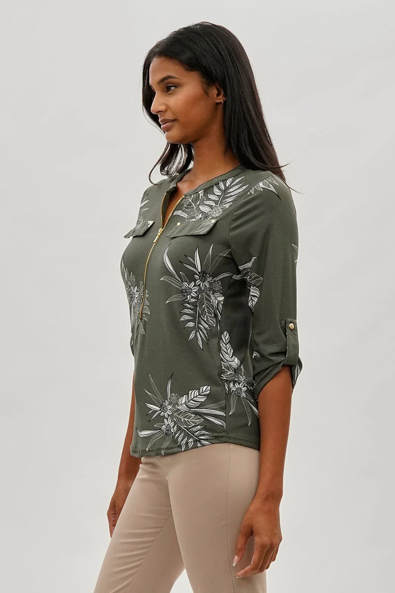 Floral Half Zip Blouse - Olive - Image 2