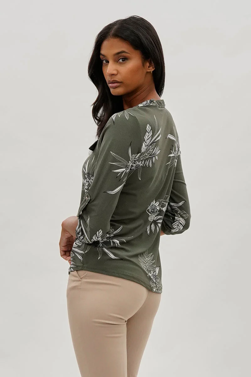 Floral Half Zip Blouse - Olive - Image 3
