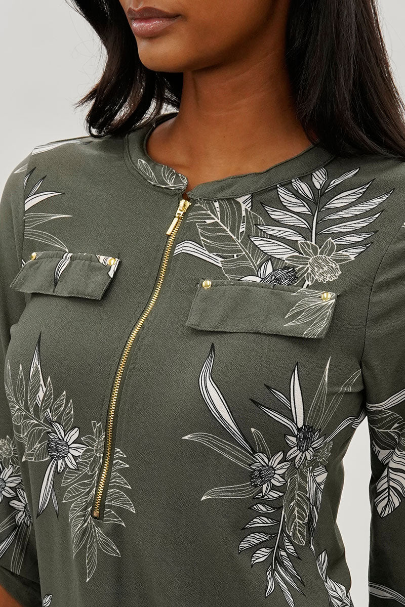 Floral Half Zip Blouse - Olive - Image 4