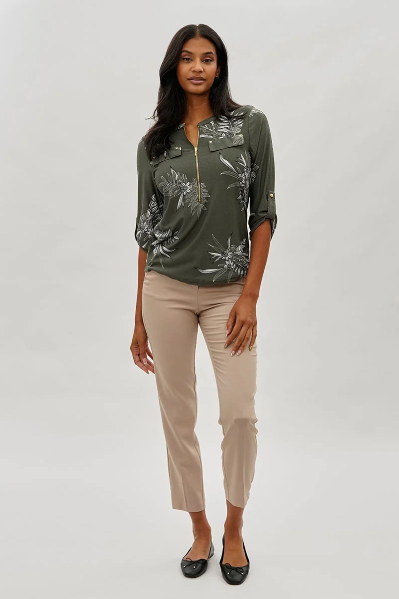 Floral Half Zip Blouse - Olive - Image 5