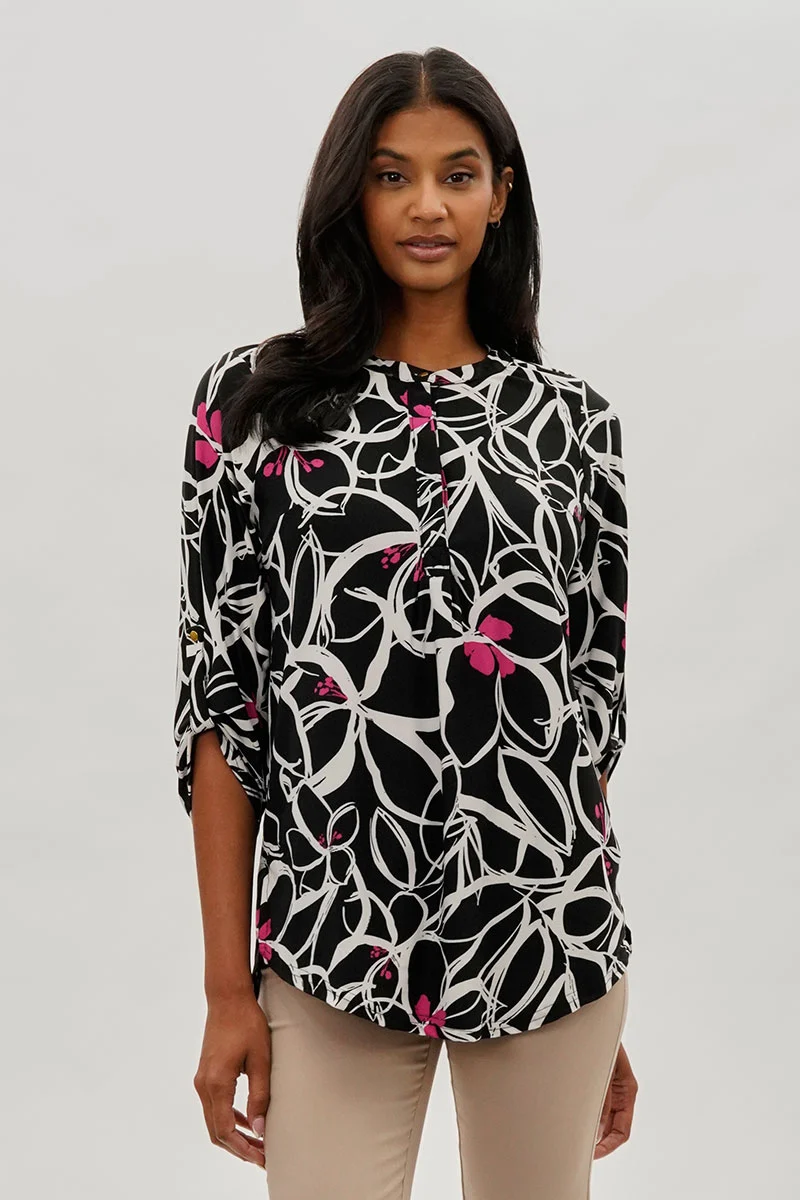 Floral Roll Up Sleeve Blouse - Black