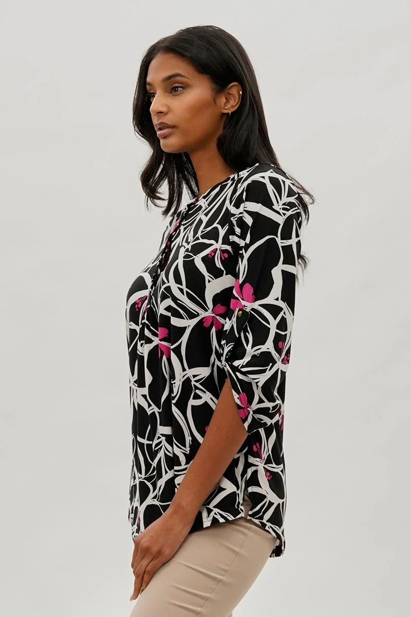 Floral Roll Up Sleeve Blouse - Black - Image 2
