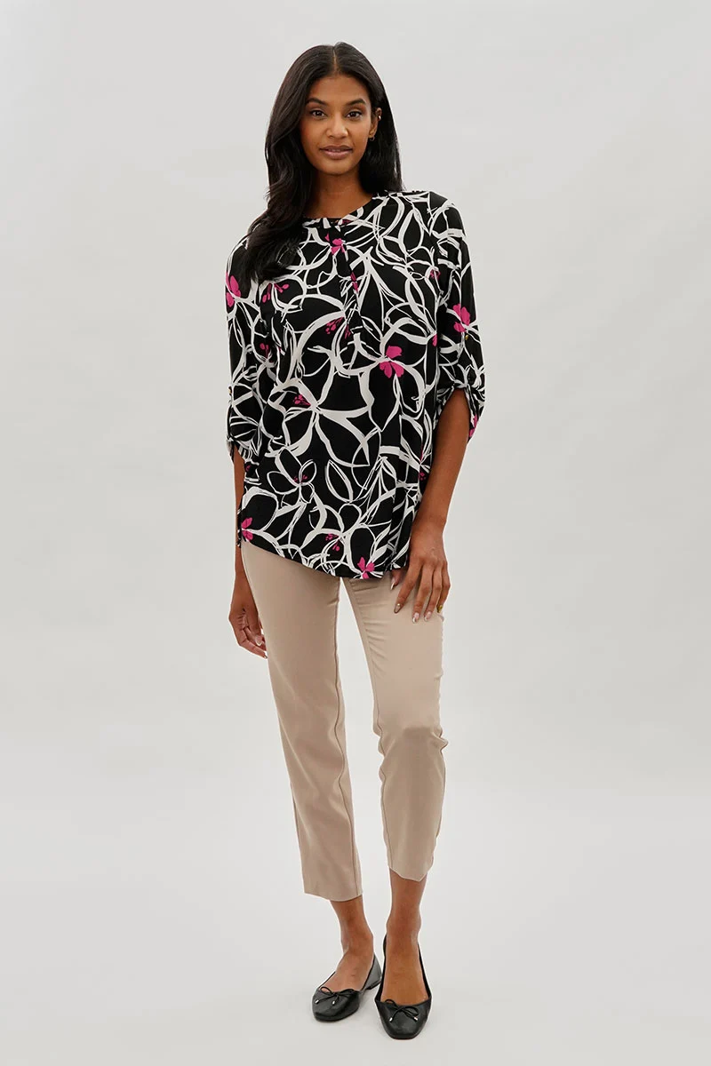 Floral Roll Up Sleeve Blouse - Black - Image 5