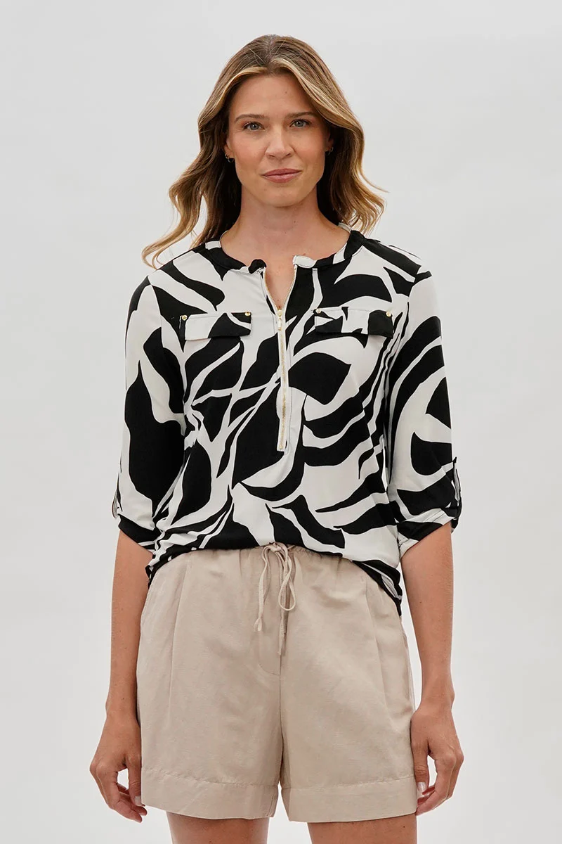 Patterned 1/4 Zip Shirt - White