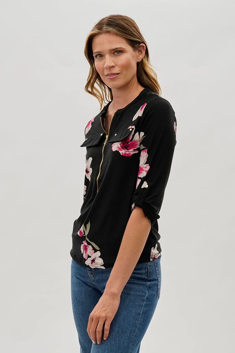 Floral 1/4 Zip Shirt - Black - Image 2