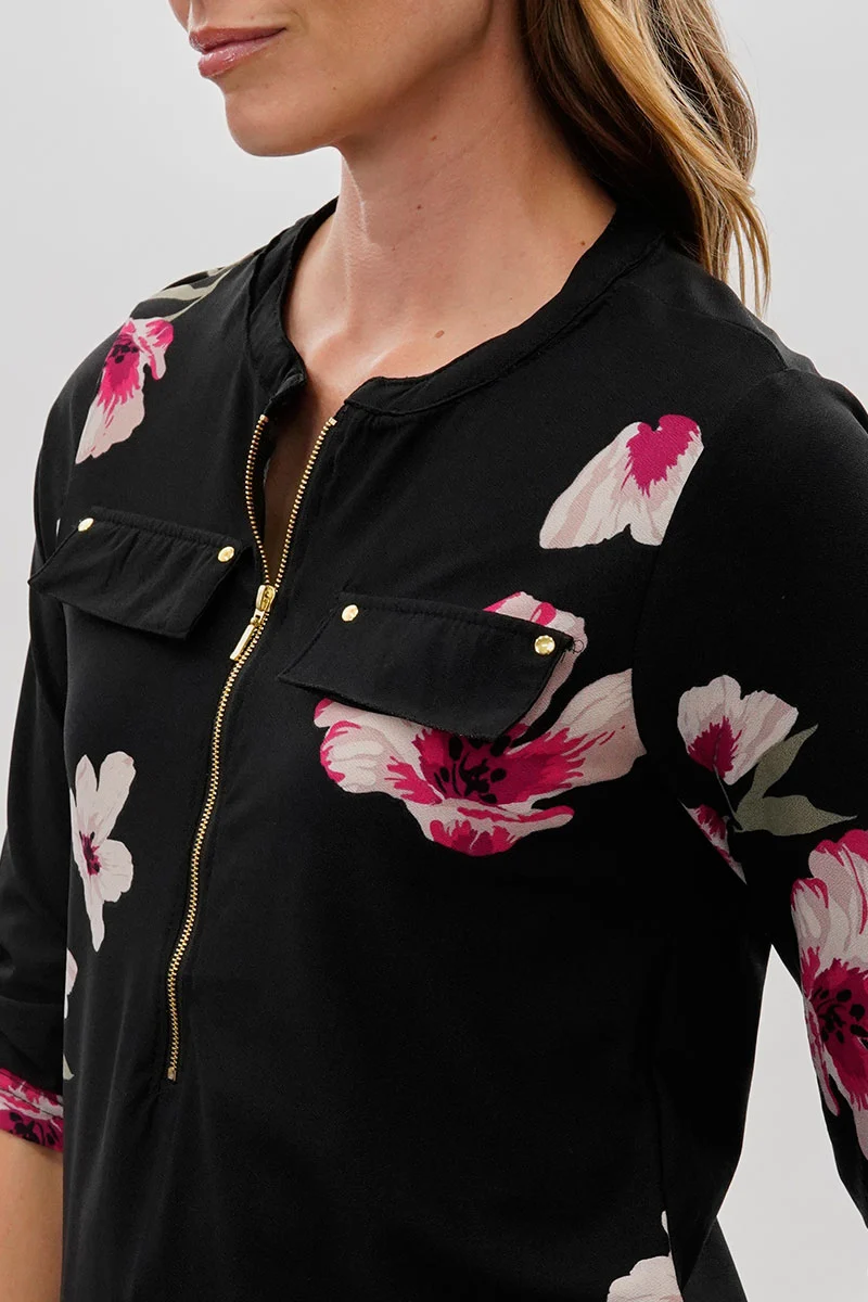 Floral 1/4 Zip Shirt - Black - Image 4