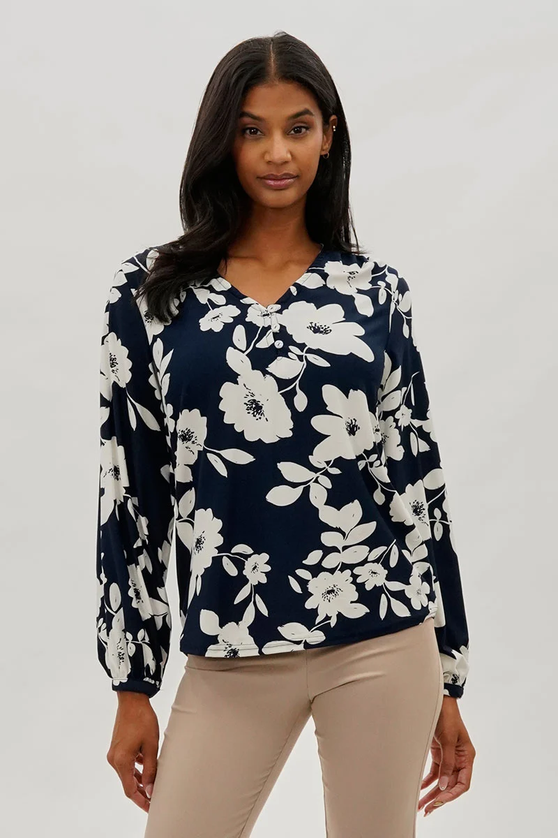 Floral Henley Blouse - Navy