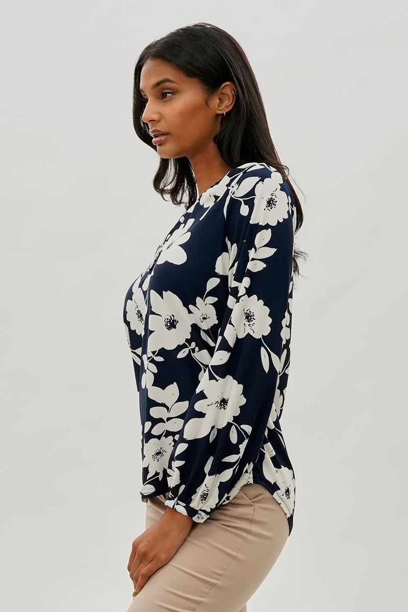 Floral Henley Blouse - Navy - Image 2