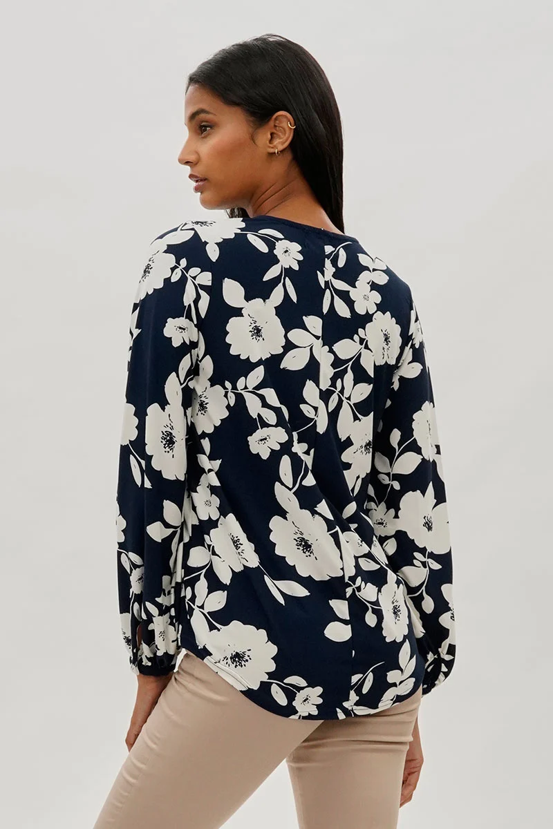 Floral Henley Blouse - Navy - Image 3