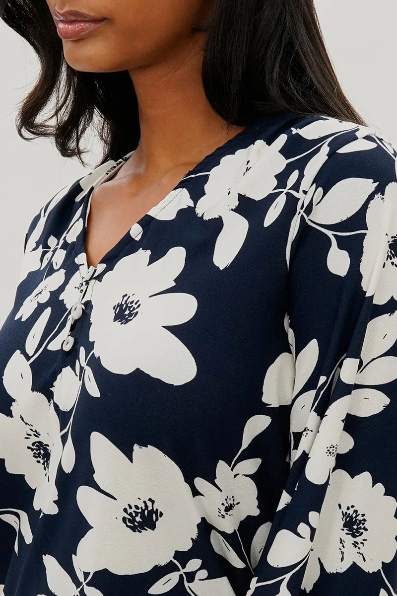 Floral Henley Blouse - Navy - Image 4