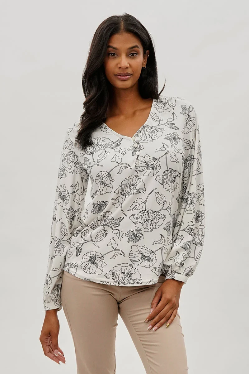Floral Henley Blouse - White