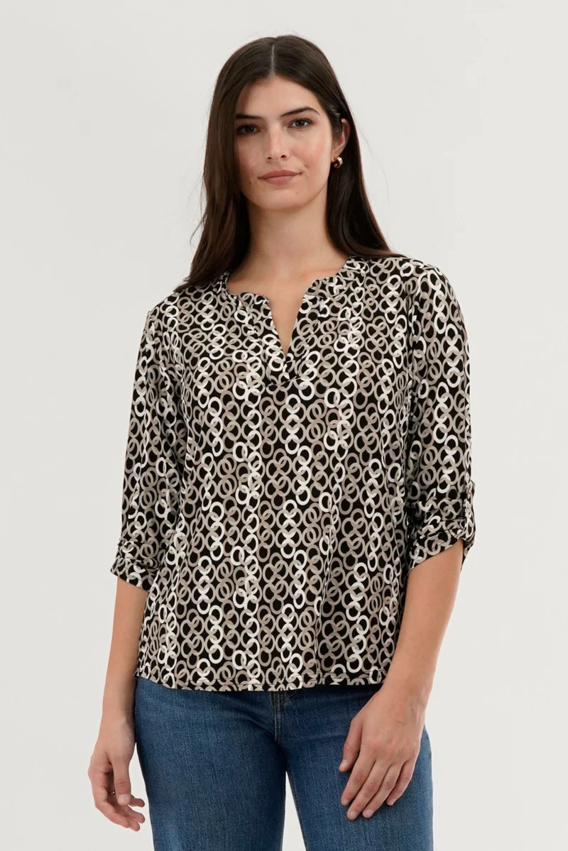 Patterned Split Neck Blouse - Black