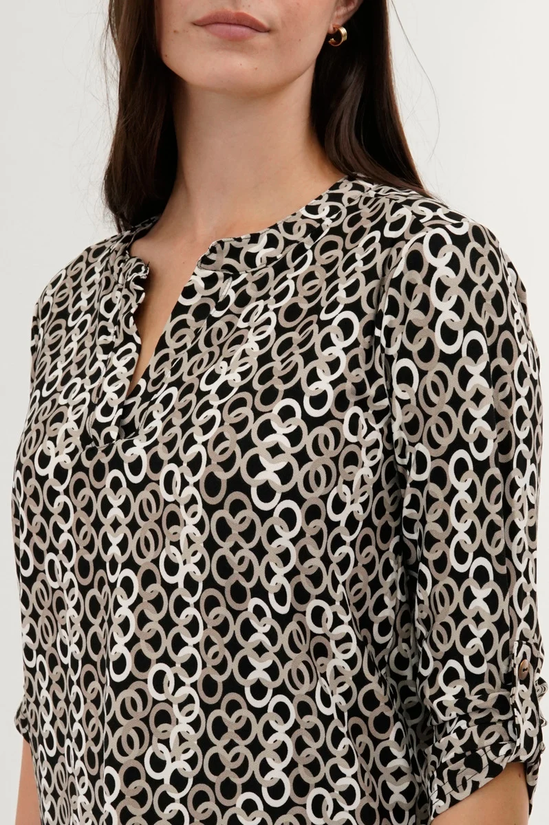 Patterned Split Neck Blouse - Black - Image 4