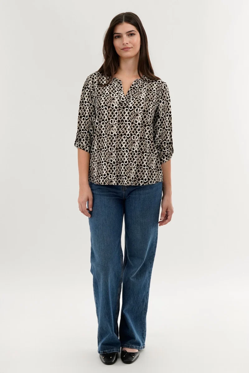 Patterned Split Neck Blouse - Black - Image 5