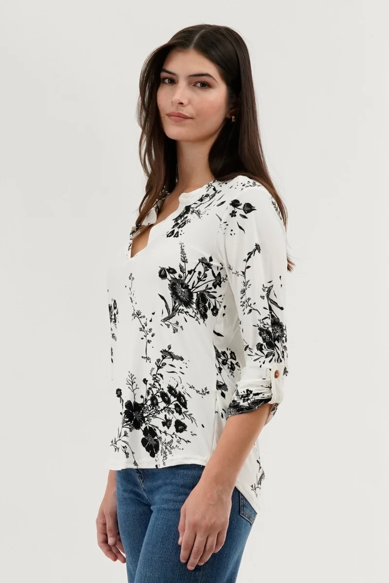 Floral Split Neck Blouse - White - Image 2