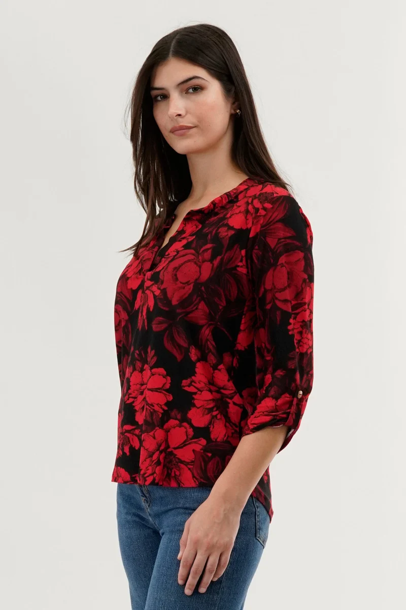 Floral Split Neck Blouse - Red - Image 2