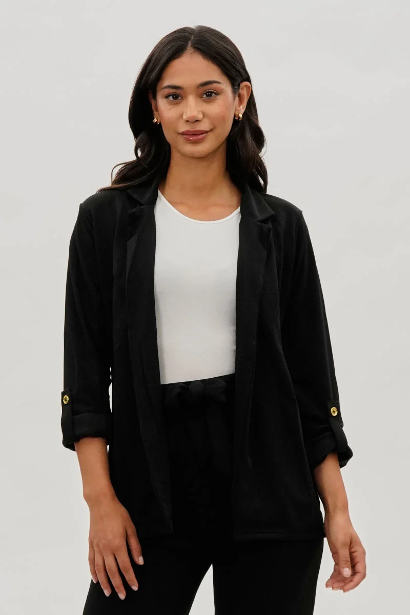 Roll Up Sleeve Open Blazer - Black