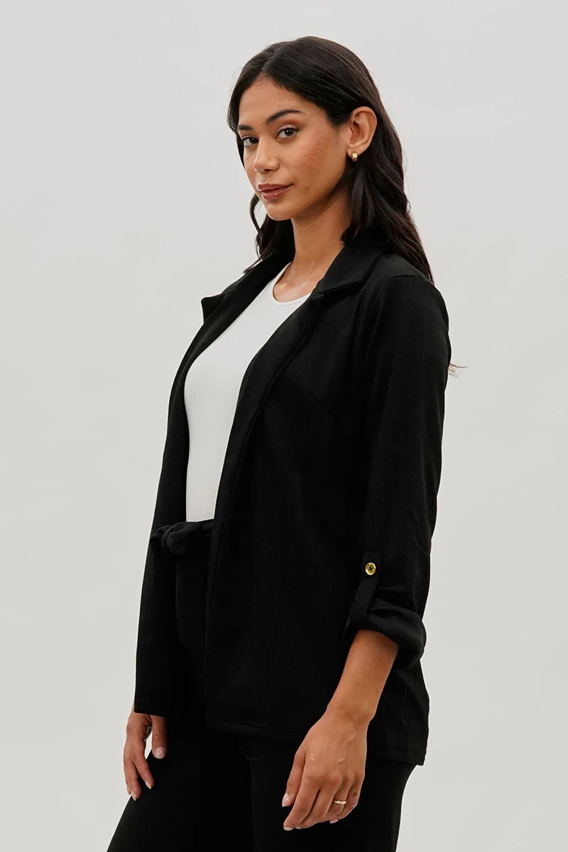 Roll Up Sleeve Open Blazer - Black - Image 2