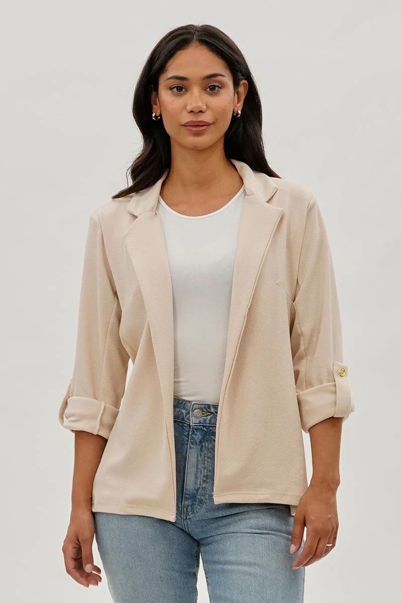 Roll Up Sleeve Open Blazer - Cream