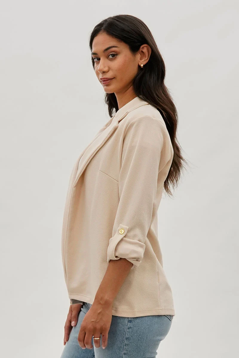 Roll Up Sleeve Open Blazer - Cream - Image 2