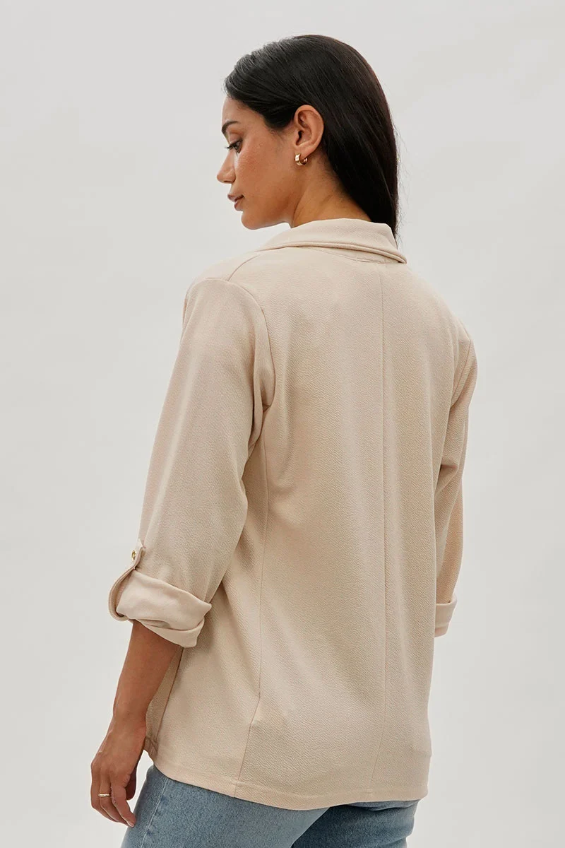 Roll Up Sleeve Open Blazer - Cream - Image 3