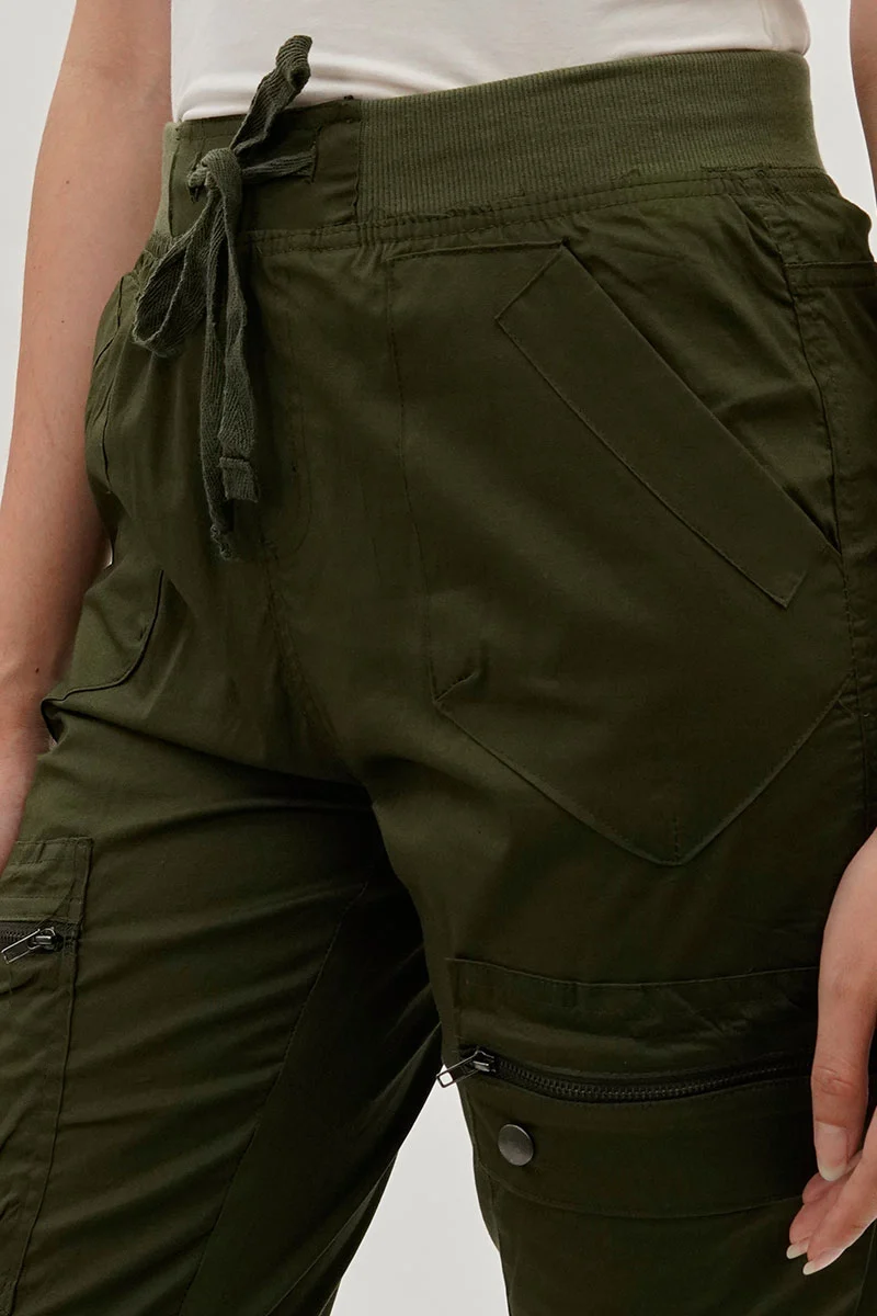Tie Waist Cargo Capris - Olive - Image 4