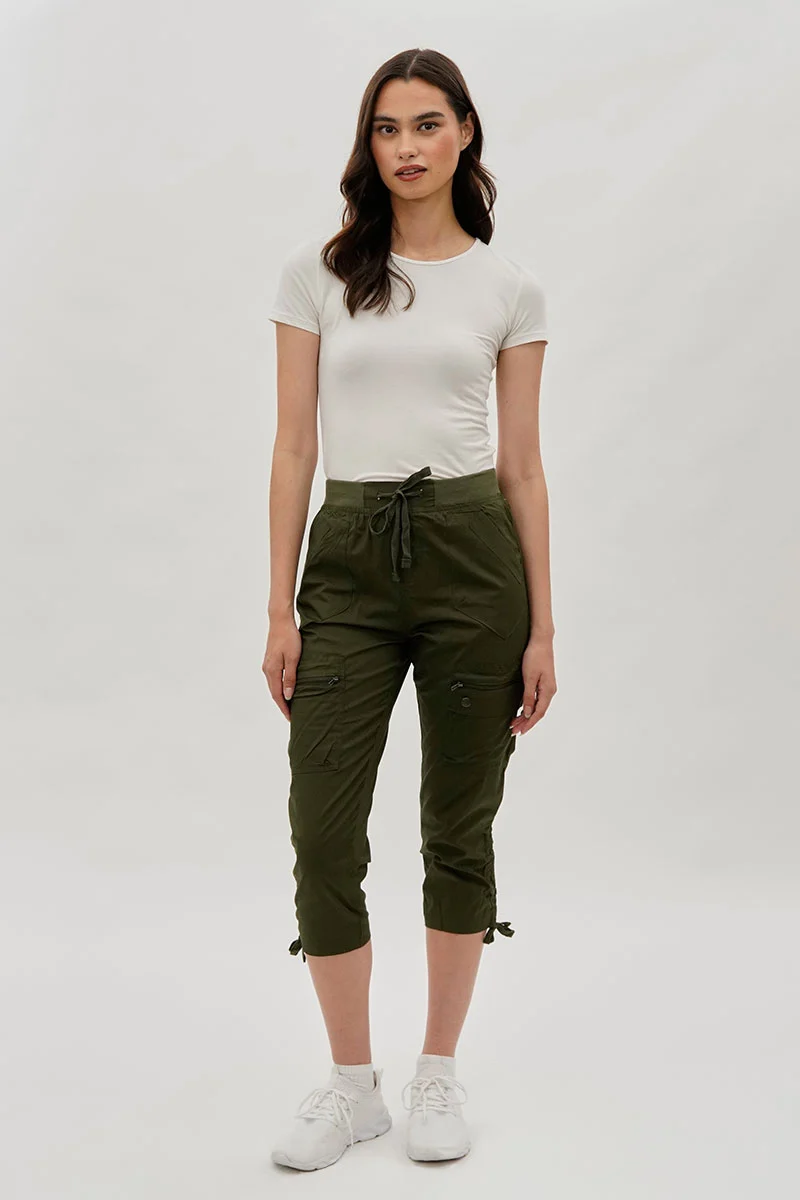 Tie Waist Cargo Capris - Olive - Image 5