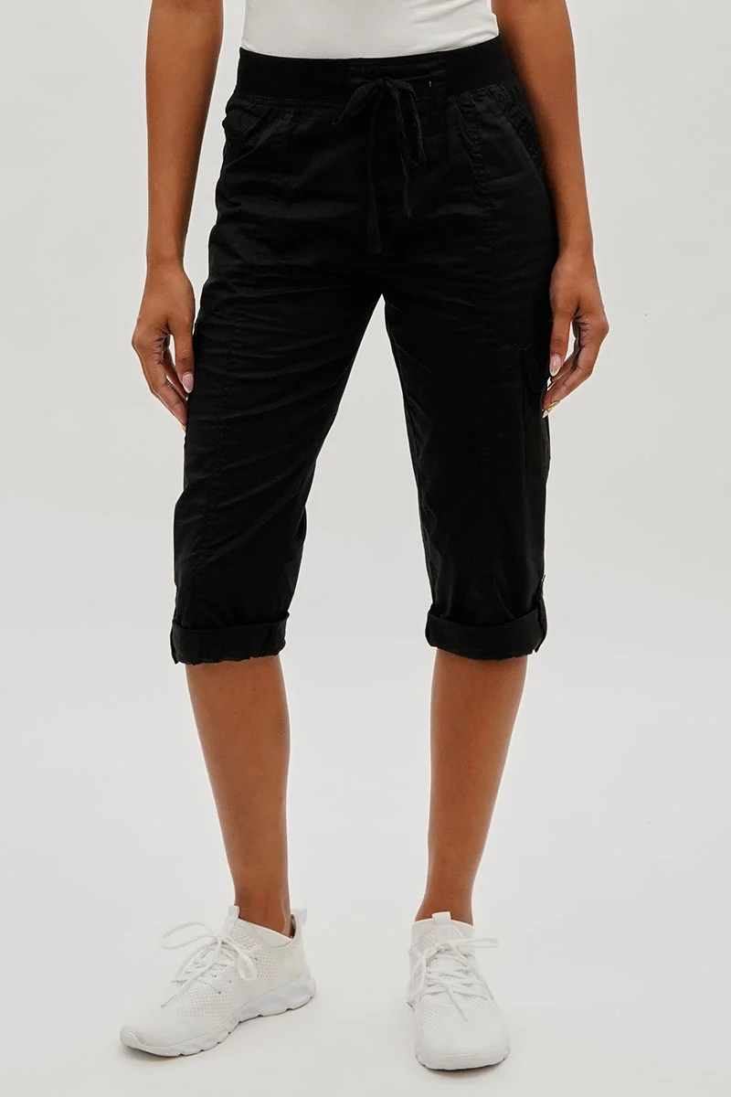 Tie Waist Cargo Capris - Black