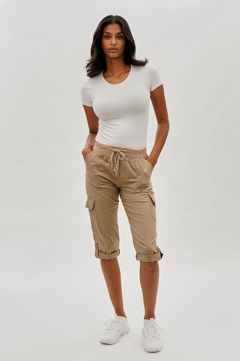 Tie Waist Cargo Capris - Beige - Image 5