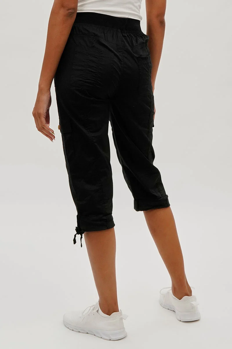 Drawstring Cargo Capris - Black - Image 3