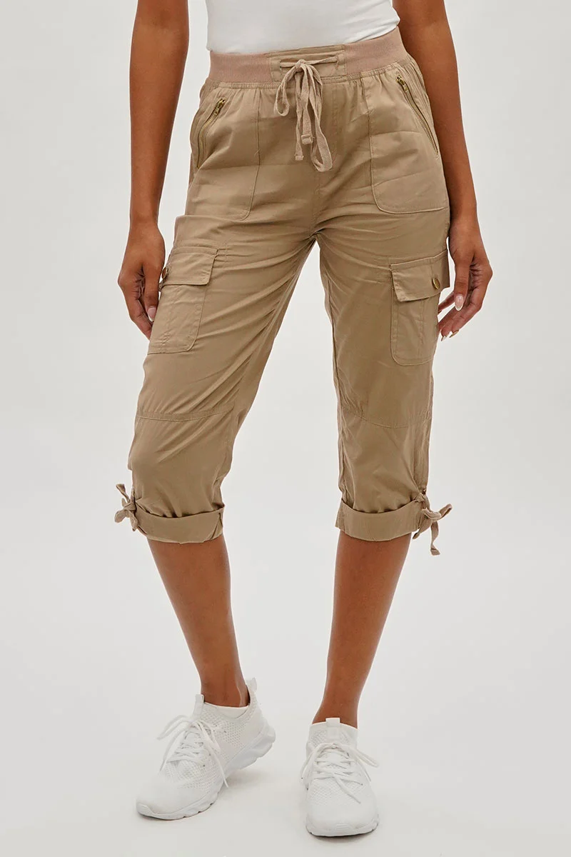 Drawstring Cargo Capris - Beige