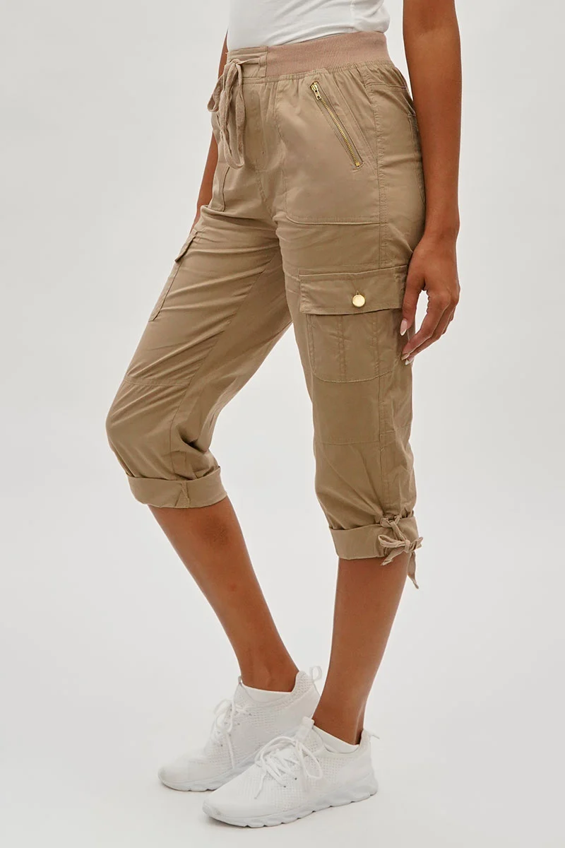 Drawstring Cargo Capris - Beige - Image 2