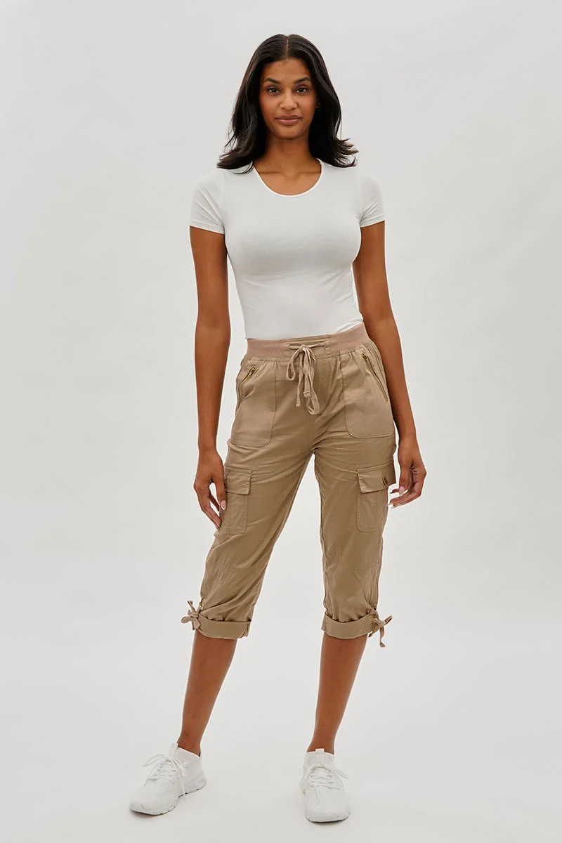 Drawstring Cargo Capris - Beige - Image 5