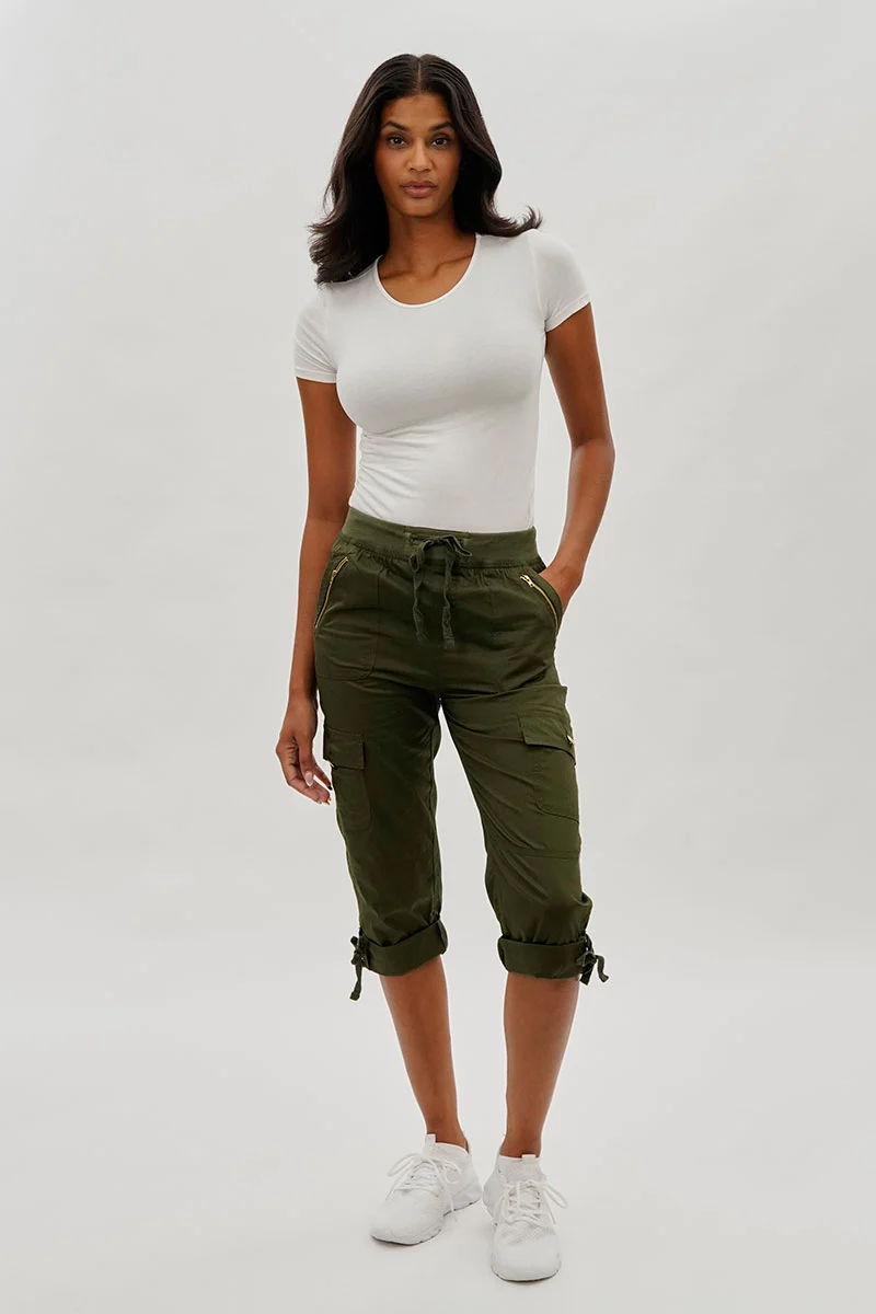 Drawstring Cargo Capris - Olive - Image 5