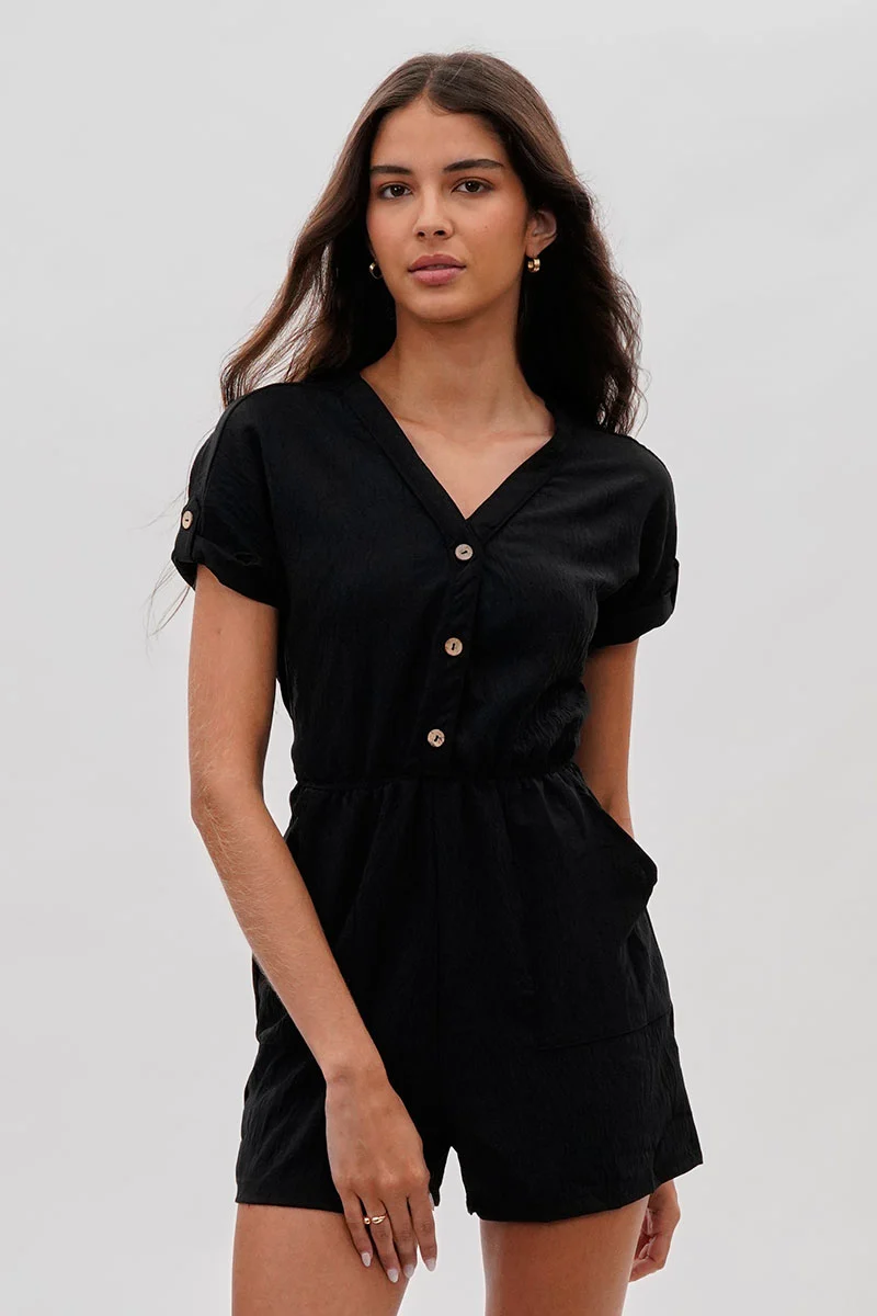 Vintage Back Tie Button Up Romper - Black