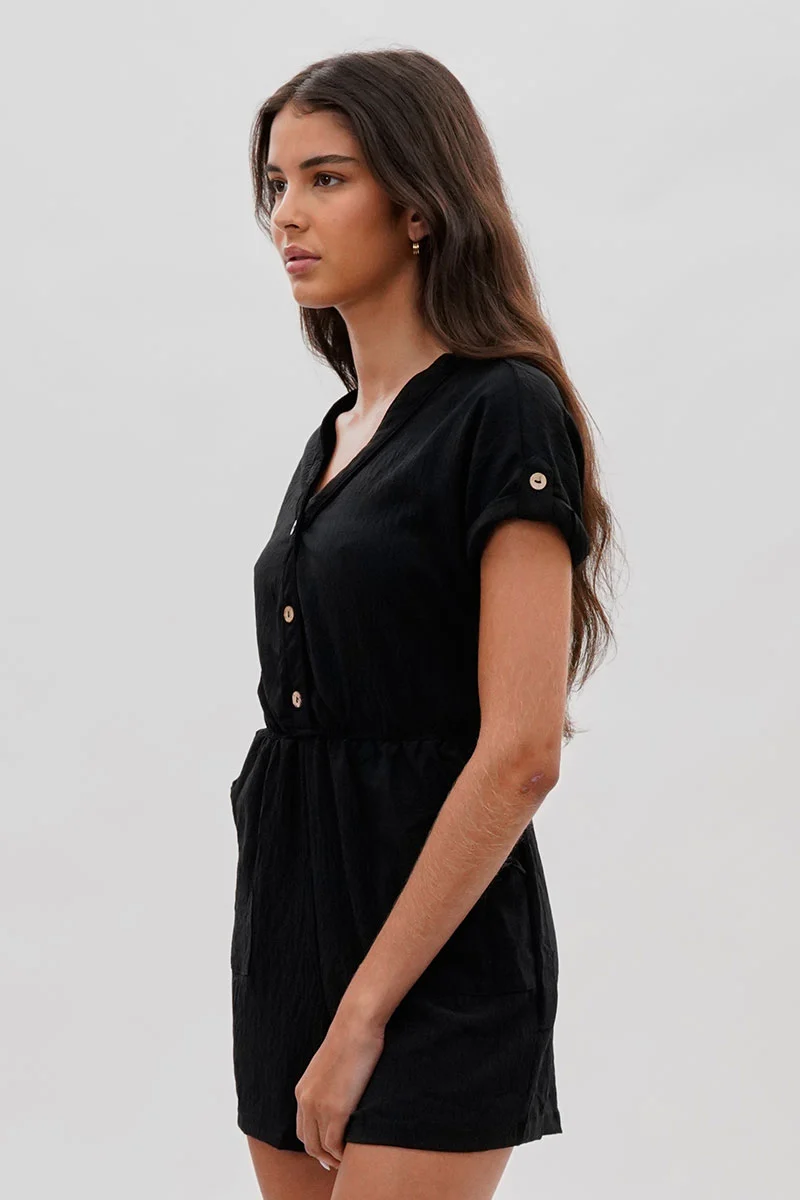 Vintage Back Tie Button Up Romper - Black - Image 2