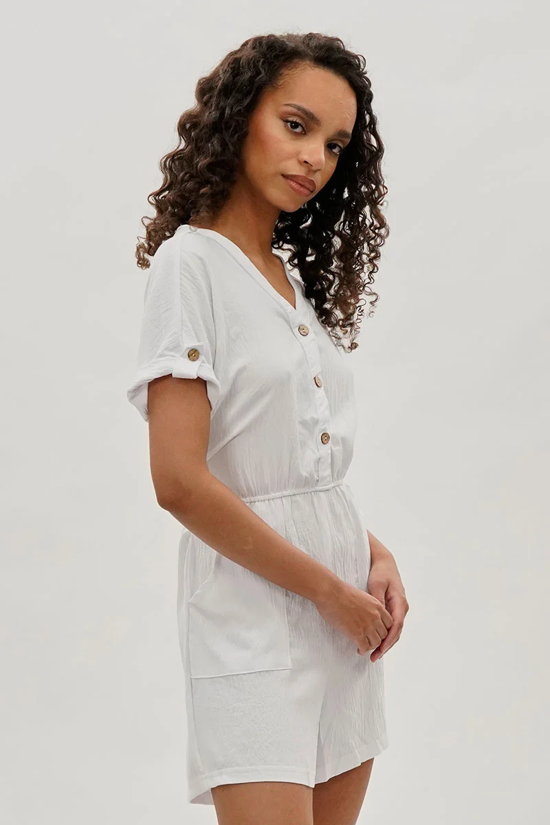 Vintage Back Tie Button Up Romper - White - Image 2