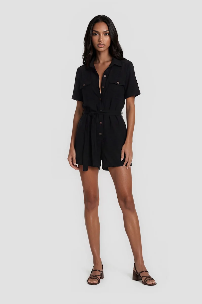 Short Sleeve Button Down Romper - Black