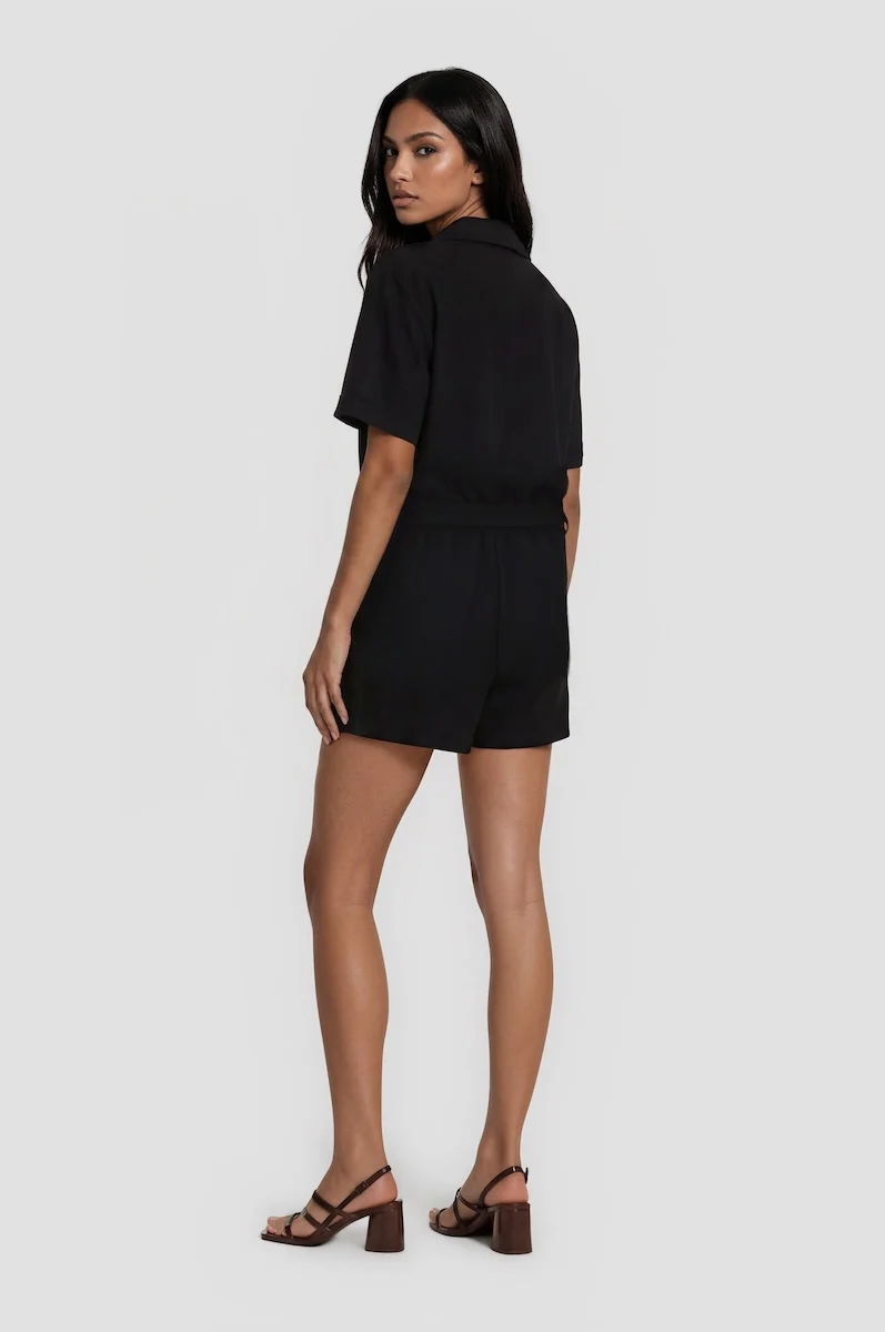 Short Sleeve Button Down Romper - Black - Image 2