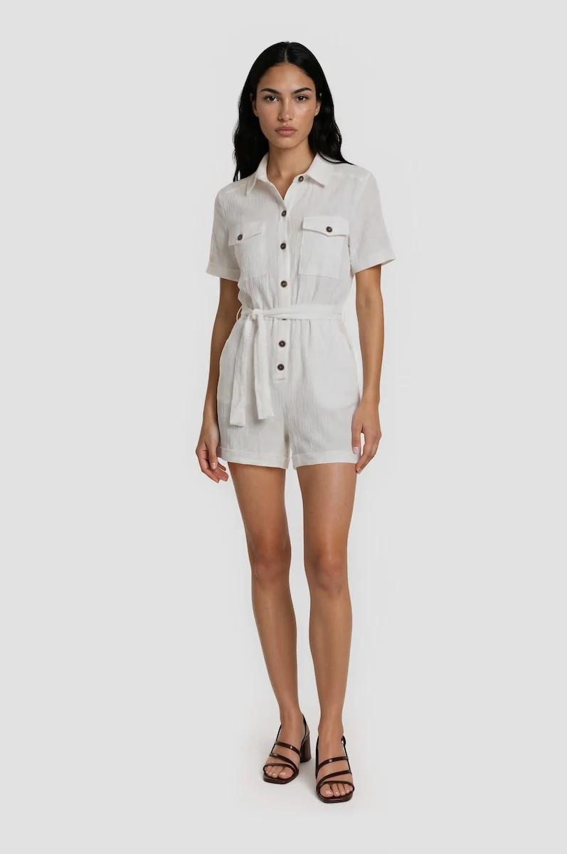 Short Sleeve Button Down Romper - White